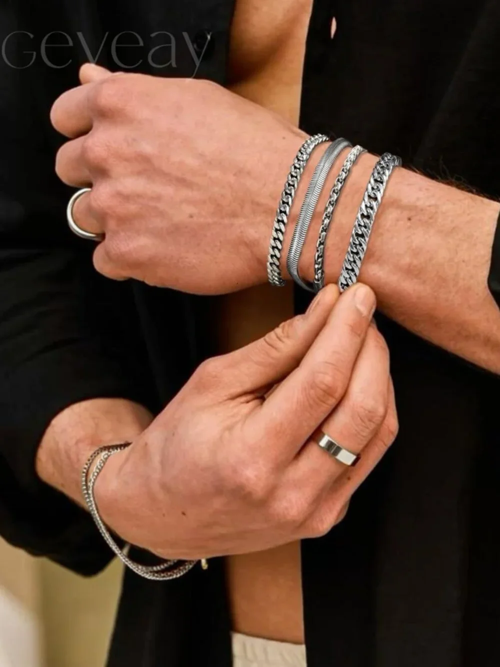 Trendy Men's Adjustable Stainless Steel Cuban Link Bracelet Set - 6 Pcs Jewelry